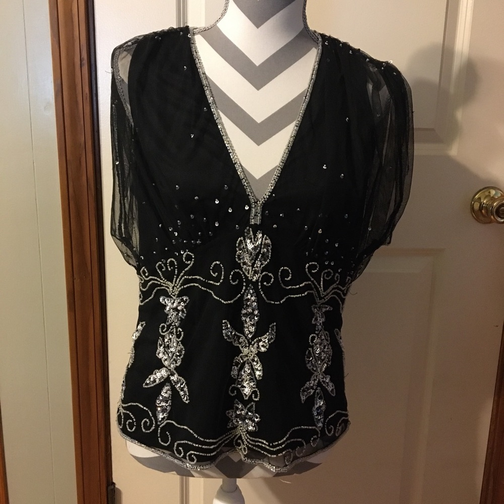NWT | MARINA beautiful black beaded v-neck blouse